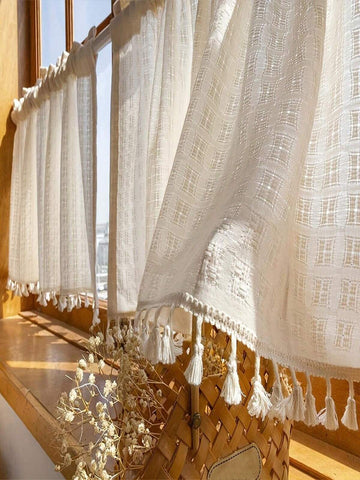 1pc Beige Plaid Small Window Curtain, Japanese Style Coffee Shop Curtain With Tassel Lace, Rod Pocket Kitchen Valance, Window Decoration For Living Room And Bedroom, Home Decorative Curtain For Cabinet Covering