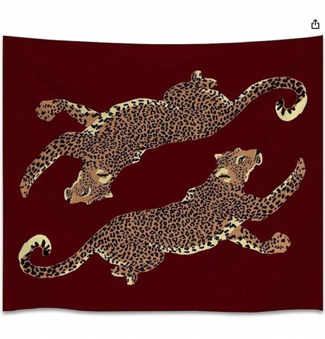 Burgundy Leopard Wall Tapestry Double Wild Cat Illustration Graphic Jungle Art Edgy Teen Room Dorm Decor Large Fabric Hanging Statement Tapestries