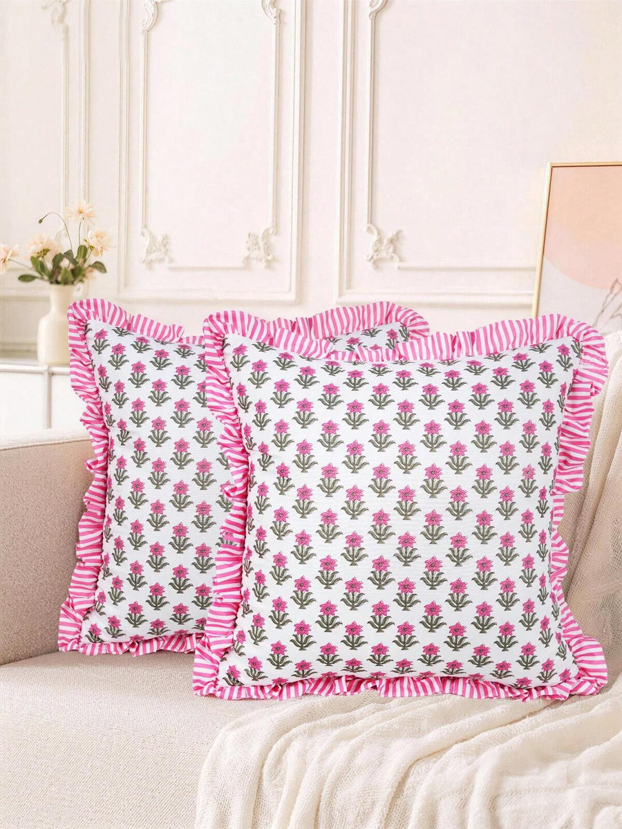 1pc/2pcs Pink Floral Outdoor Throw Pillow Cover, Ruffle Trim Decorative Pillow Case, Spring Summer Sofa Balcony Furniture Garden Bench Porch Outdoor Decor, Pillow Insert Not Included
